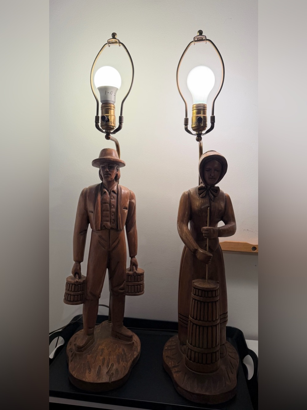 Vintage Americana Pioneer Man & Woman Wood Carved Lamps ( 20” Tall No Shades)